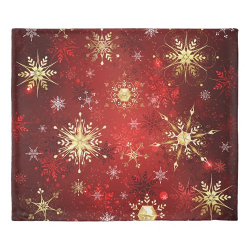 Christmas Golden Snowflakes on Red Background Duvet Cover