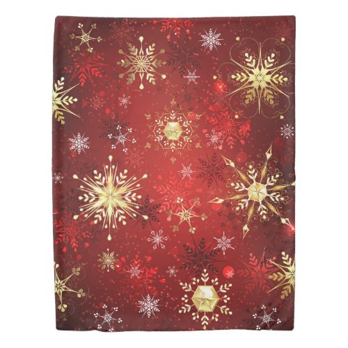 Christmas Golden Snowflakes on Red Background Duvet Cover