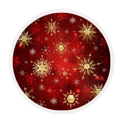 Christmas Golden Snowflakes on Red Background Edible Frosting Rounds