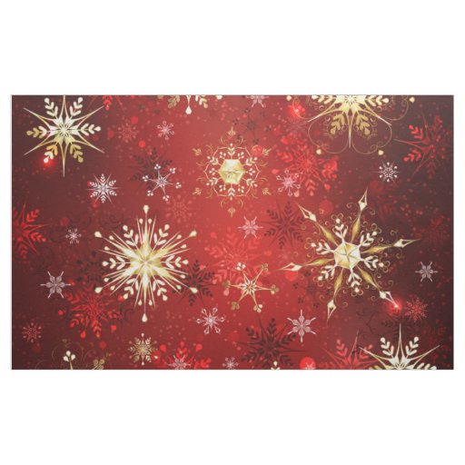 Christmas Golden Snowflakes on Red Background Fabric