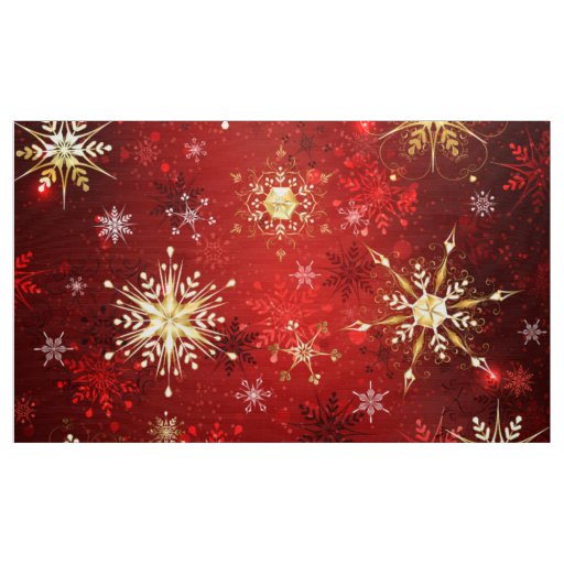 Christmas Golden Snowflakes on Red Background Fabric