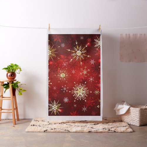 Christmas Golden Snowflakes on Red Background Fabric