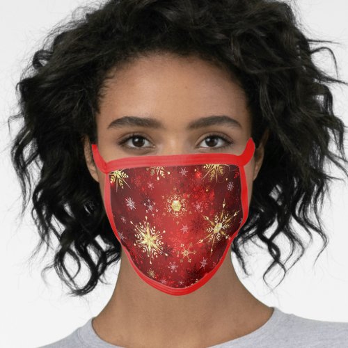 Christmas Golden Snowflakes on Red Background Face Mask