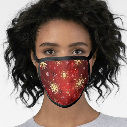 Christmas Golden Snowflakes on Red Background Face Mask