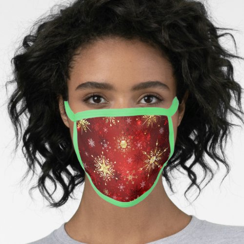 Christmas Golden Snowflakes on Red Background Face Mask