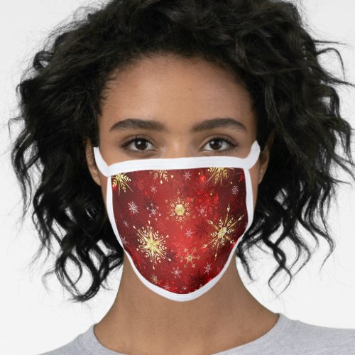 Christmas Golden Snowflakes on Red Background Face Mask