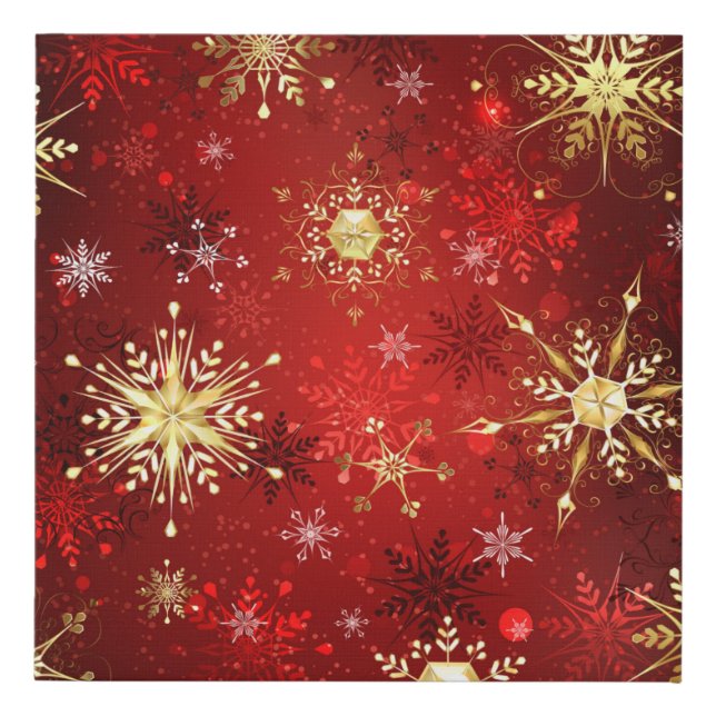 Christmas Golden Snowflakes on Red Background Faux Canvas Print (Front)