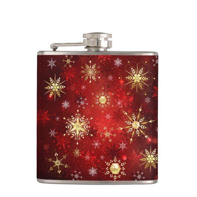 Christmas Golden Snowflakes on Red Background Flask (Front)