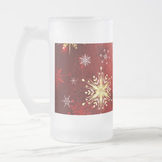 Christmas Golden Snowflakes on Red Background Frosted Glass Beer Mug (Left)