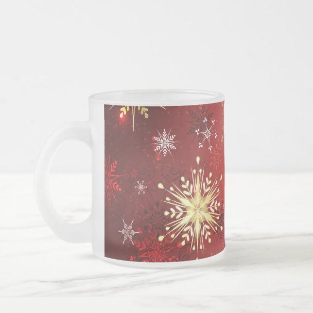 Christmas Golden Snowflakes on Red Background Frosted Glass Coffee Mug (Left)