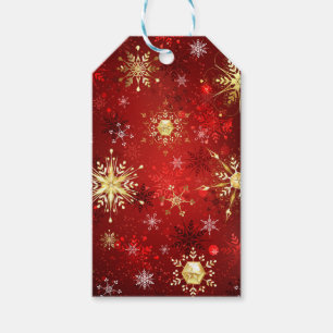 Christmas Golden Snowflakes on Red Background Gift Tags