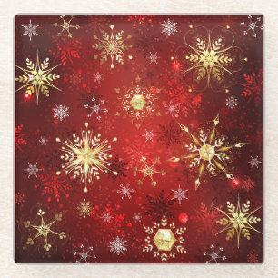Christmas Golden Snowflakes on Red Background Glass Coaster