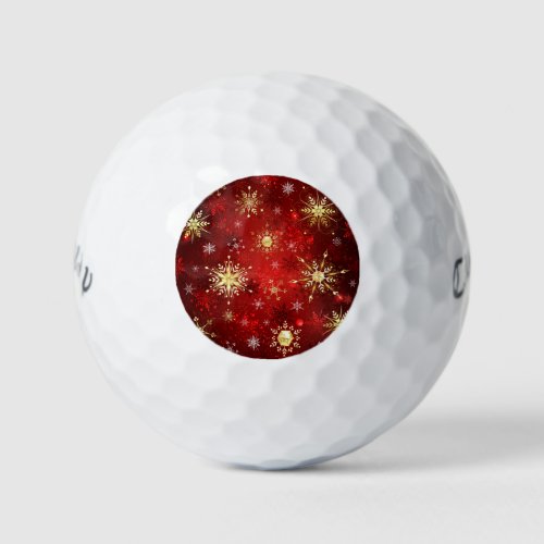 Christmas Golden Snowflakes on Red Background Golf Balls