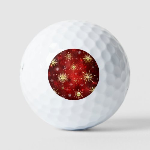Christmas Golden Snowflakes on Red Background Golf Balls