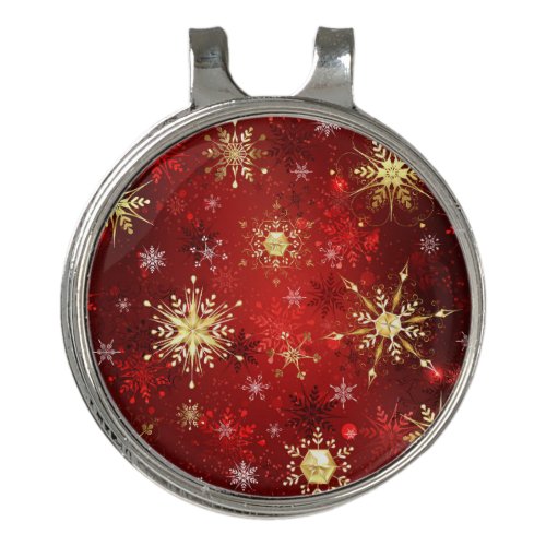 Christmas Golden Snowflakes on Red Background Golf Hat Clip