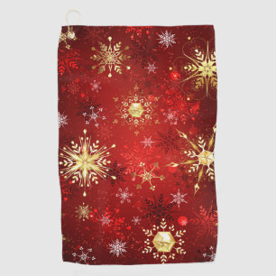 Christmas Golden Snowflakes on Red Background Golf Towel