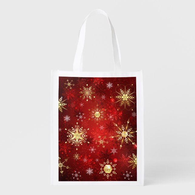 Christmas Golden Snowflakes on Red Background Grocery Bag (Front)