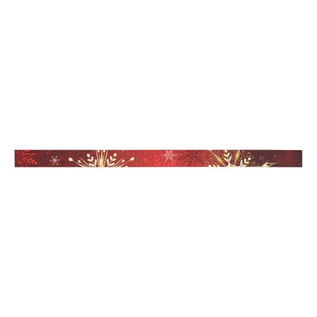 Christmas Golden Snowflakes on Red Background Grosgrain Ribbon (Front)
