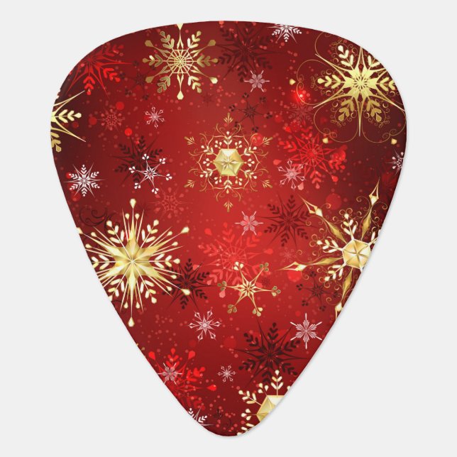 Christmas Golden Snowflakes on Red Background Guitar Pick (Front)