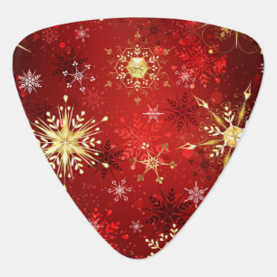Christmas Golden Snowflakes on Red Background Guitar Pick