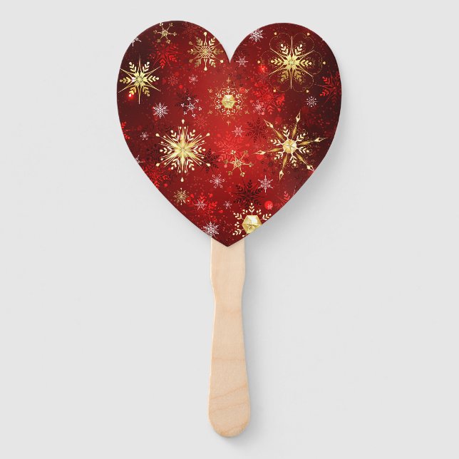 Christmas Golden Snowflakes on Red Background Hand Fan (Front)