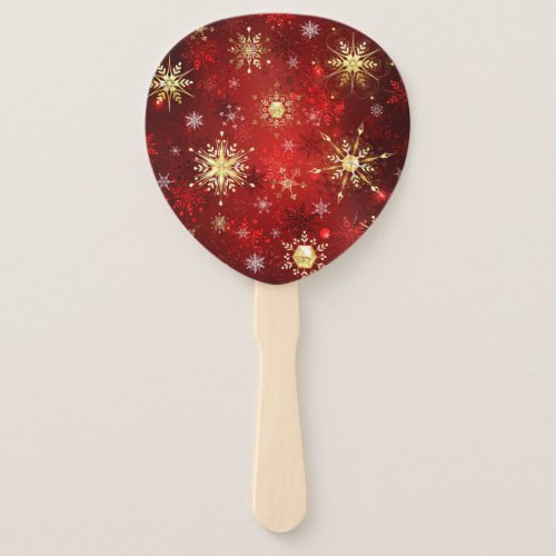 Christmas Golden Snowflakes on Red Background Hand Fan