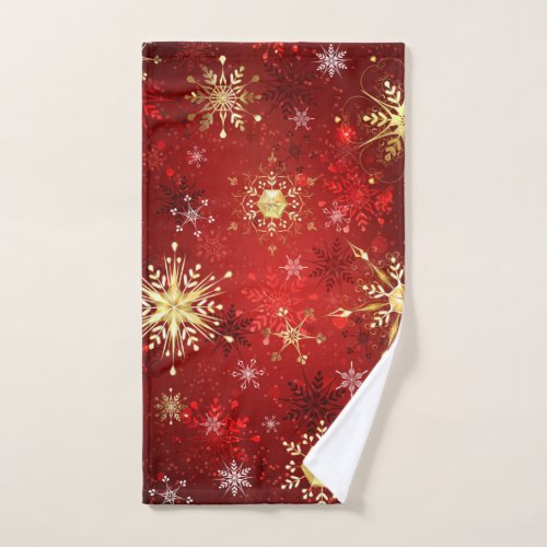 Christmas Golden Snowflakes on Red Background Hand Towel