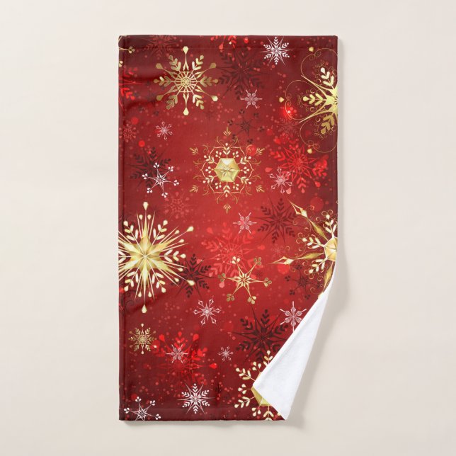 Christmas Golden Snowflakes on Red Background Hand Towel (Hand Towel)