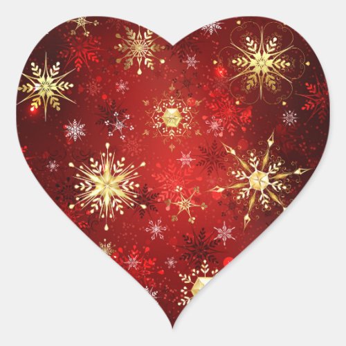 Christmas Golden Snowflakes on Red Background Heart Sticker