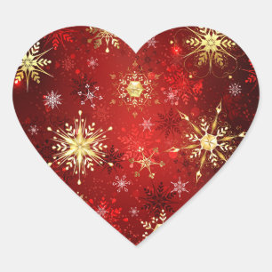 Christmas Golden Snowflakes on Red Background Heart Sticker