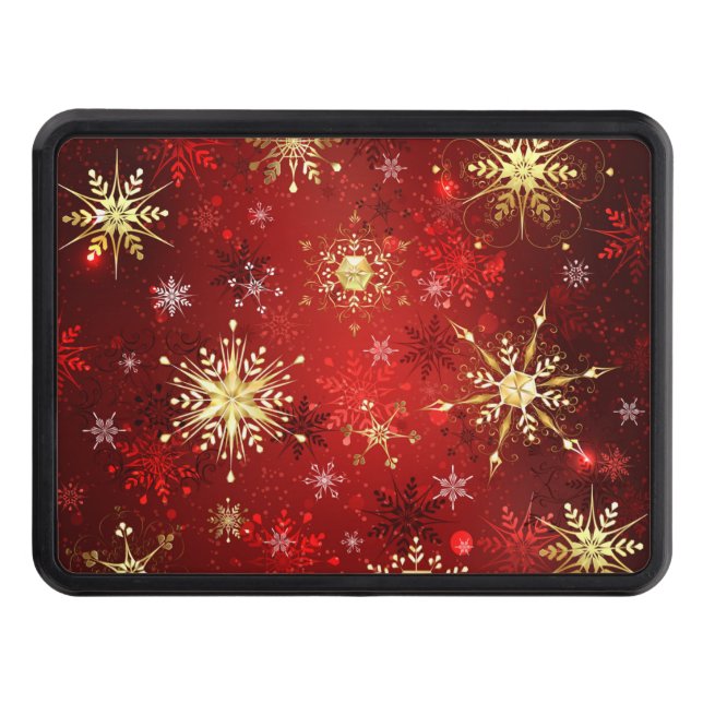 Christmas Golden Snowflakes on Red Background Hitch Cover (Front)
