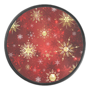 Christmas Golden Snowflakes on Red Background Hockey Puck
