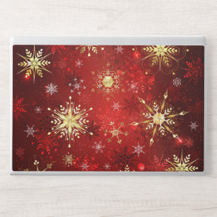 Christmas Golden Snowflakes on Red Background HP Laptop Skin