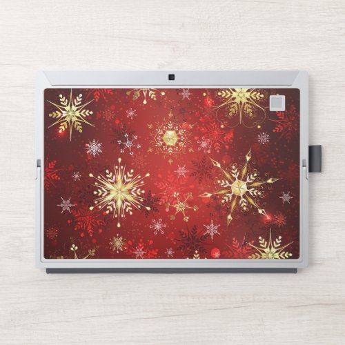 Christmas Golden Snowflakes on Red Background HP Laptop Skin