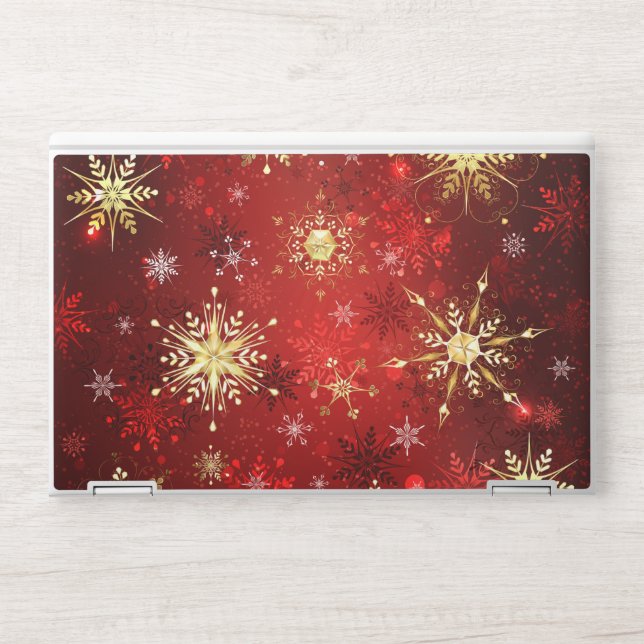 Christmas Golden Snowflakes on Red Background HP Laptop Skin (Front)