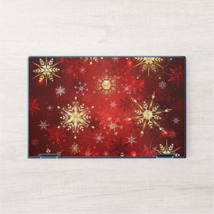 Christmas Golden Snowflakes on Red Background HP Laptop Skin