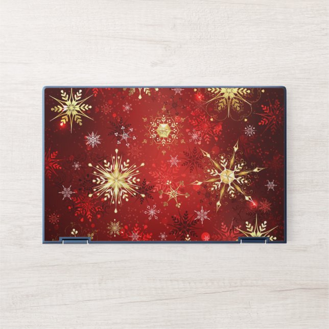 Christmas Golden Snowflakes on Red Background HP Laptop Skin (Front)