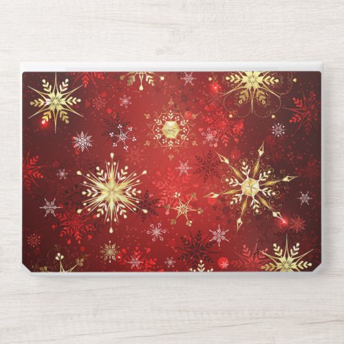 Christmas Golden Snowflakes on Red Background HP Laptop Skin