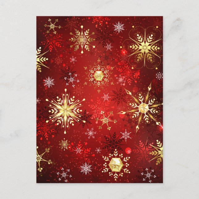 Christmas Golden Snowflakes on Red Background Invitation Postcard (Front)