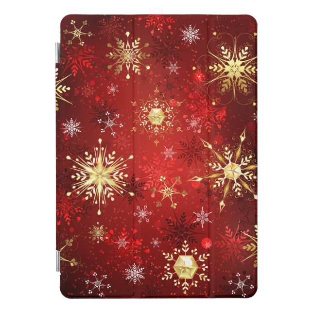 Christmas Golden Snowflakes on Red Background iPad Pro Cover (Front)
