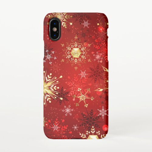 Christmas Golden Snowflakes on Red Background iPhone XS Case