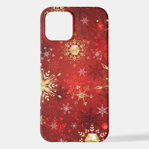 Christmas Golden Snowflakes on Red Background iPhone 12 Case