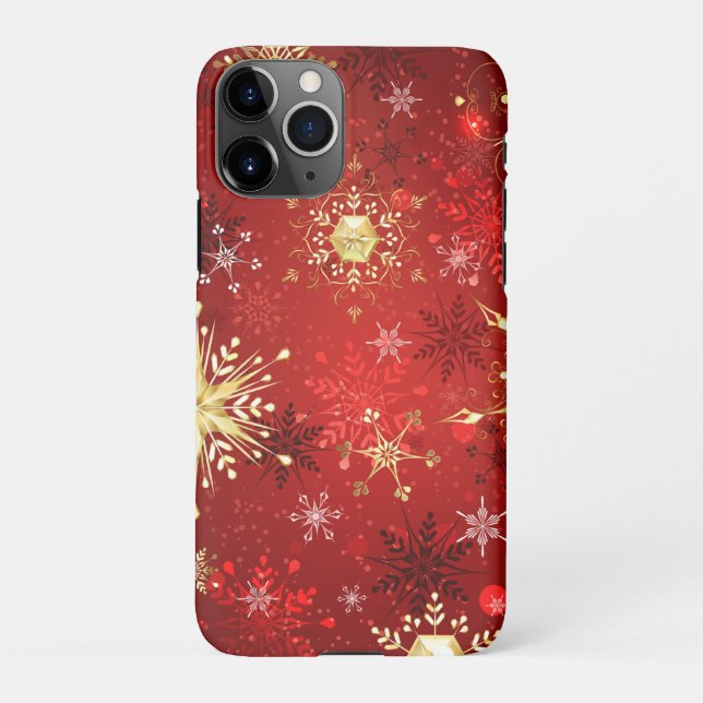 Christmas Golden Snowflakes on Red Background iPhone Case (Back)