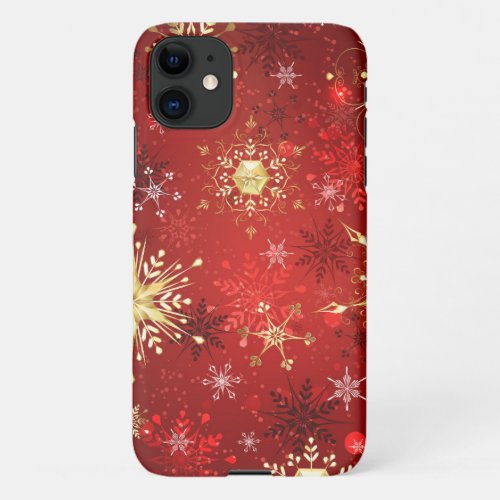 Christmas Golden Snowflakes on Red Background iPhone 11 Case