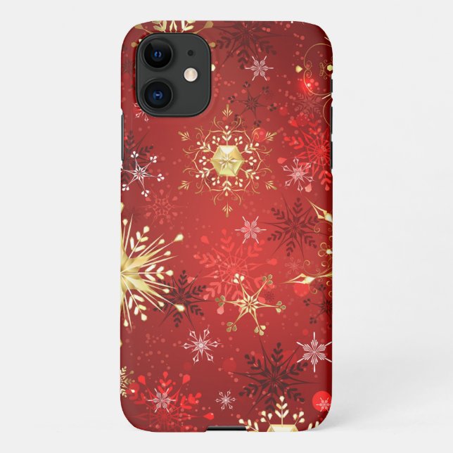 Christmas Golden Snowflakes on Red Background iPhone Case (Back)