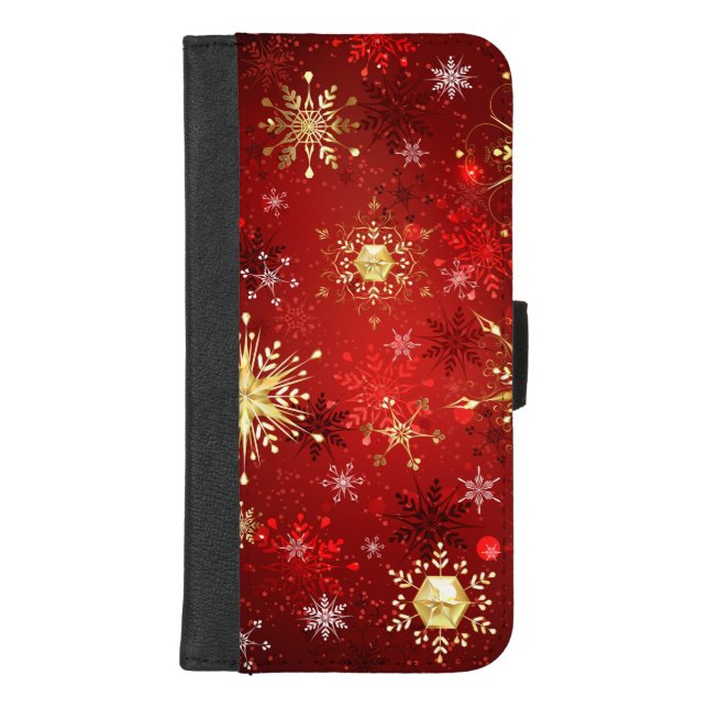 Christmas Golden Snowflakes on Red Background iPhone Wallet Case (Front)