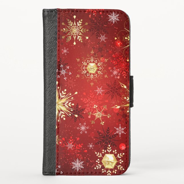 Christmas Golden Snowflakes on Red Background iPhone Wallet Case (Front)