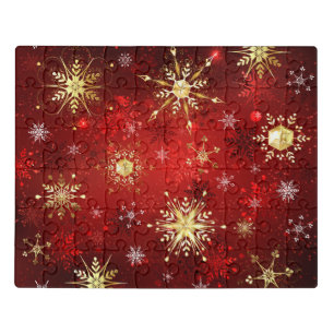 Christmas Golden Snowflakes on Red Background Jigsaw Puzzle