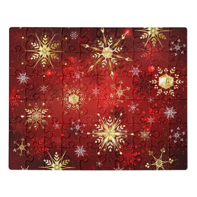 Christmas Golden Snowflakes on Red Background Jigsaw Puzzle (Puzzle Horizontal)