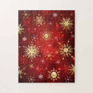 Christmas Golden Snowflakes on Red Background Jigsaw Puzzle